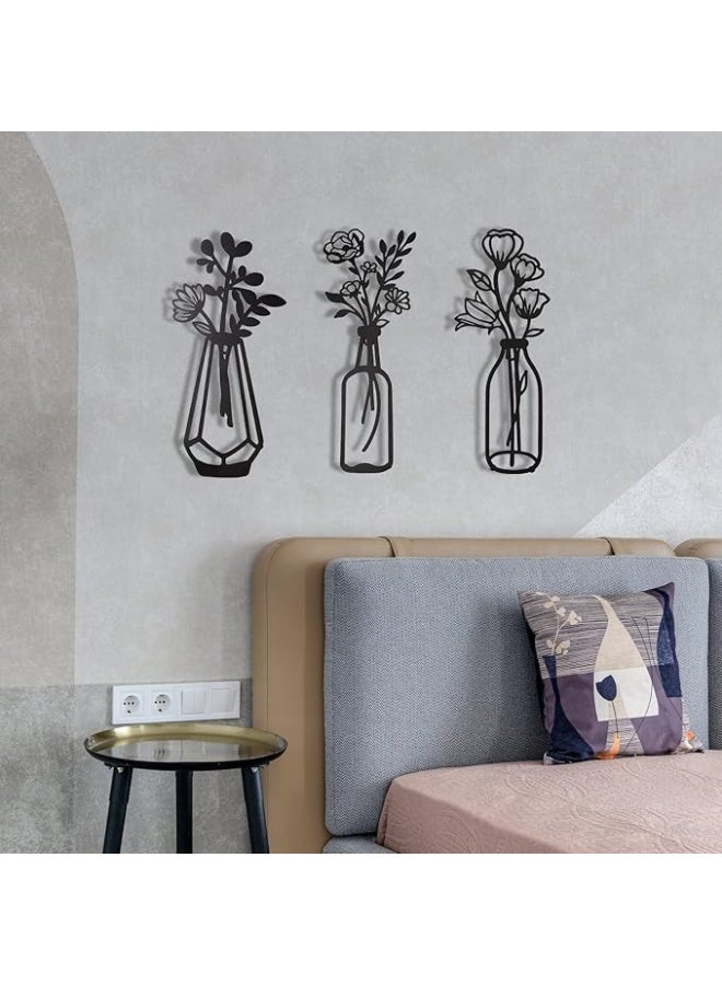 MIRFA Wooden Wall Art With Self Adhesive Base - Black (Flower Vases - Pack of 3) - Image 3